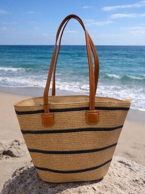 Striped Straw Tote Bag with Brown Leather Handles - Tan & Black